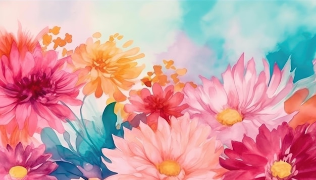 There is a May flower banner mockup with a colorful watercolor background Generative AI