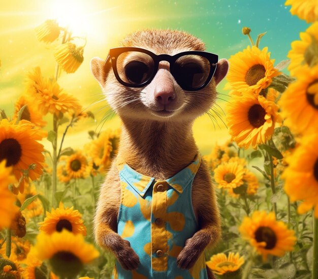 There is a meerkat wearing sunglasses standing in a field of sunflowers generative ai