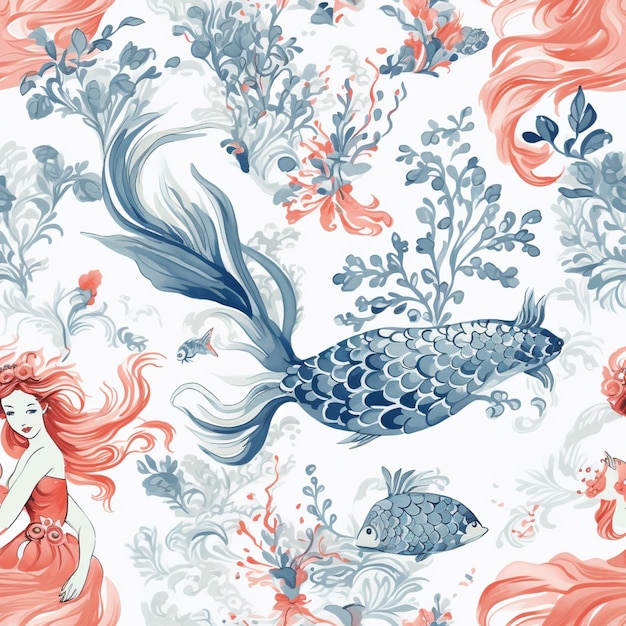 there is a mermaid and fish in a floral pattern generative ai