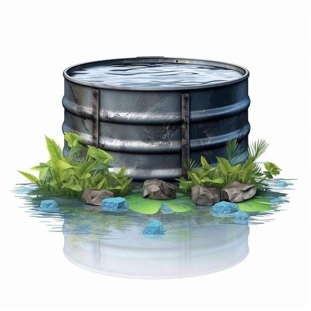 There is a metal barrel with water and rocks in the water generative ai