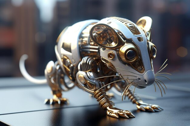 Photo there is a metal rat that is sitting on a table generative ai