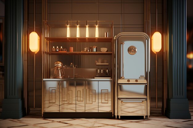 there is a metallic refrigerator in a room with a mirror on the wall generative ai