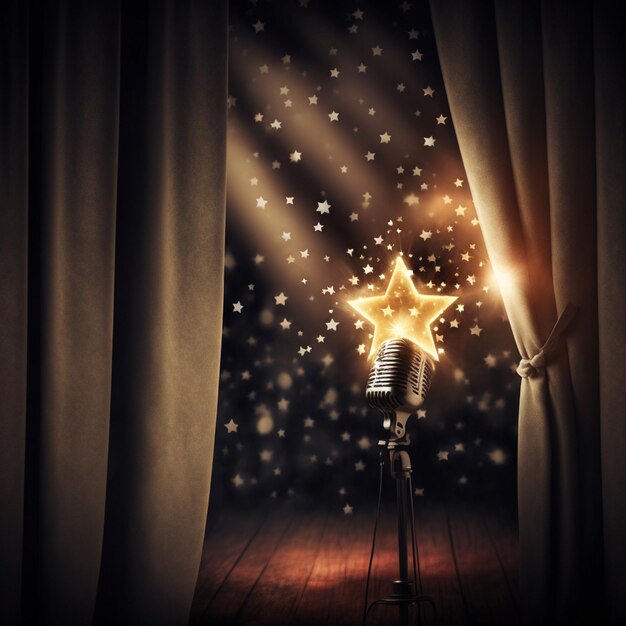 There is a microphone with a star on it in front of a curtain generative ai