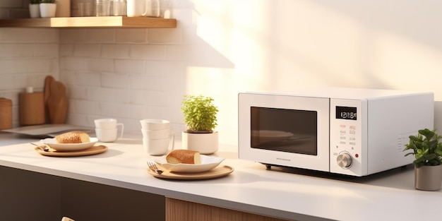 there is a microwave sitting on a counter with bread and cups generative ai