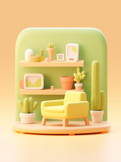 there is a miniature house with a cactus plant and a chair generative ai