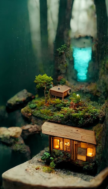 緑の屋根と池のあるミニチュアの家があります AI
