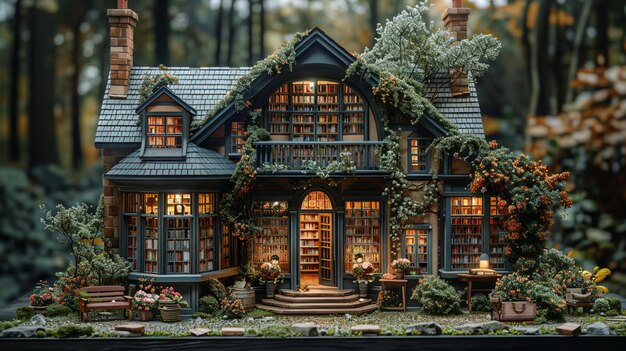 Photo there is a miniature house with a lot of windows and plants generative ai