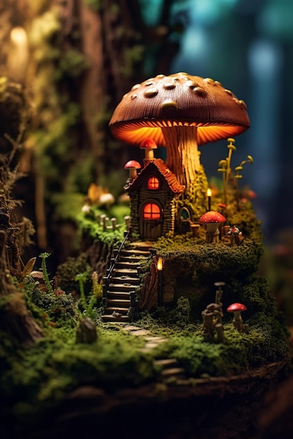 There is a miniature house with a mushroom on top of it generative ai