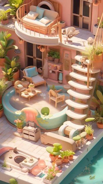 There is a miniature house with a pool and a patio generative ai