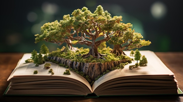 There is a miniature tree on top of an open book generative ai