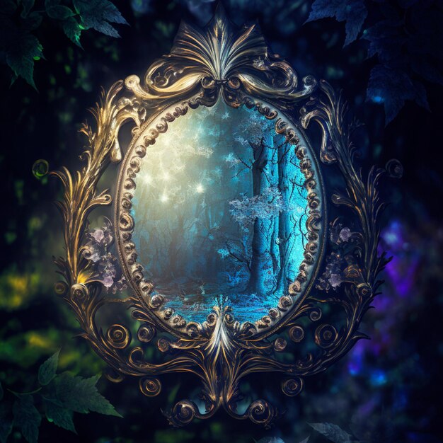 Photo there is a mirror that is reflecting a forest scene in it generative ai