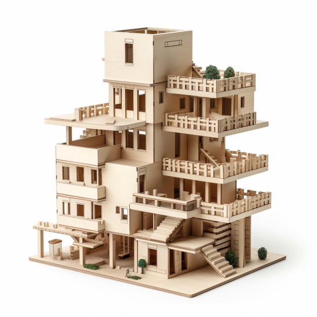 There is a model of a building made of wood generative ai