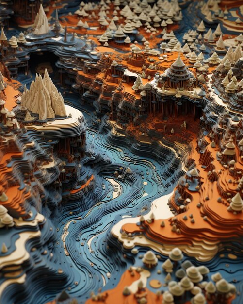 Photo there is a model of a city with a river and a boat generative ai