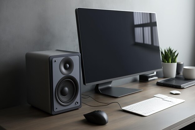 There is a modern computer headphones and speakers on a table next to a gray wall