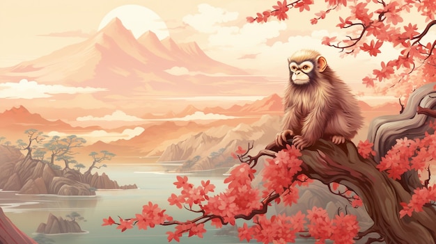 There is a monkey sitting on a tree branch in the mountains generative ai