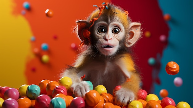 there is a monkey that is playing with some candy balls generative ai