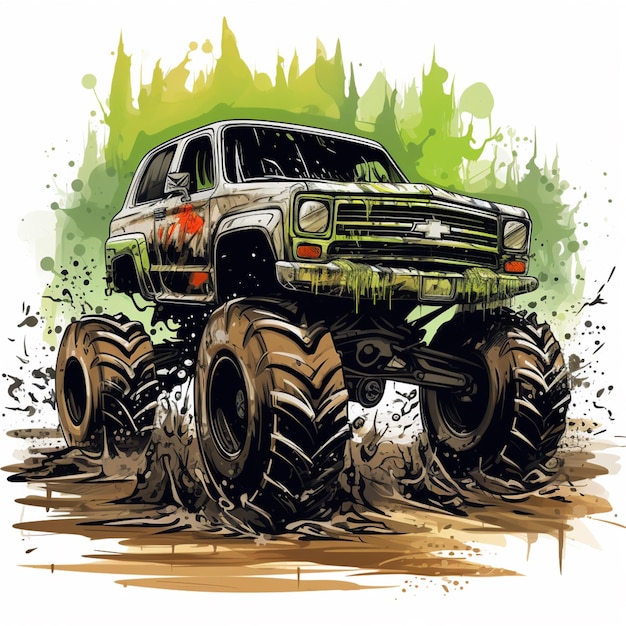 There is a monster truck with large tires driving through the mud generative ai