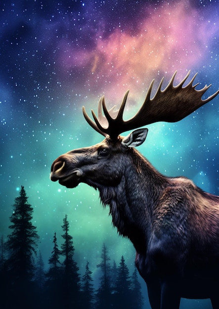 There is a moose that is standing in the grass with a sky background ai generative