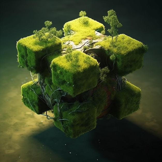 There is a moss covered cube with a tree growing out of it generative ai