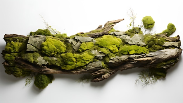 There is a mossy piece of wood on a white surface generative ai