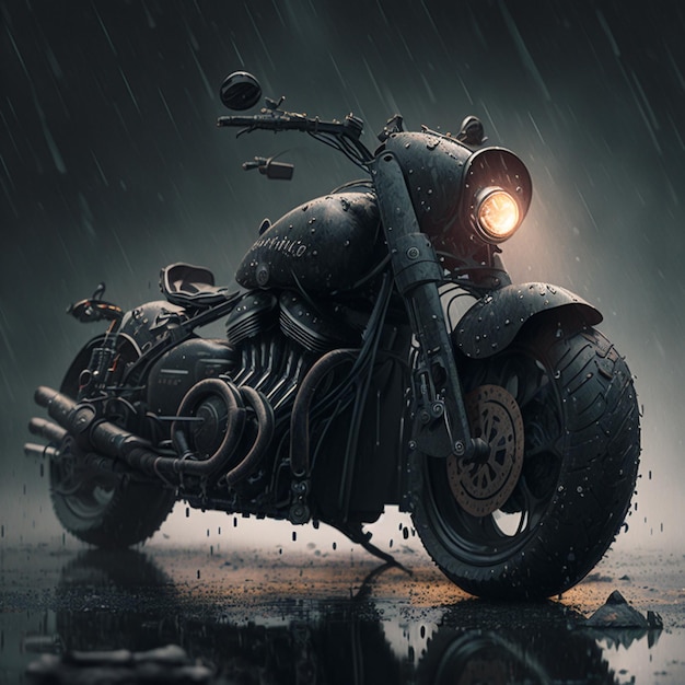 There is a motorcycle that is parked in the rain generative ai