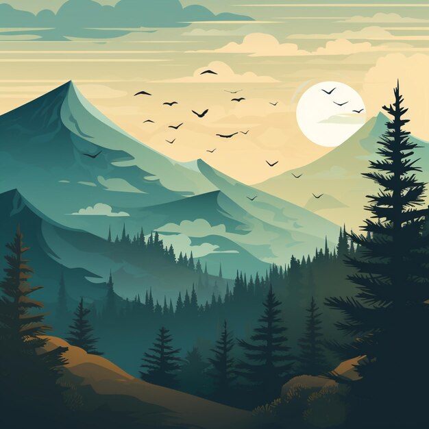 Photo there is a mountain scene with birds flying over it generative ai