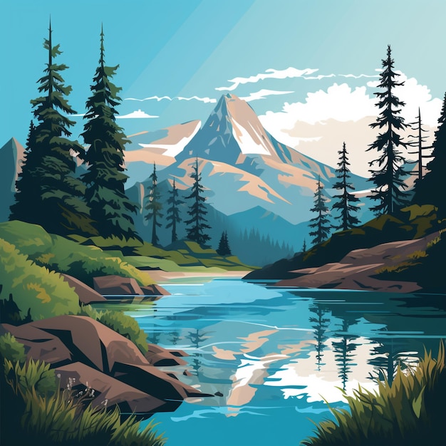 there is a mountain scene with a lake and trees generative ai