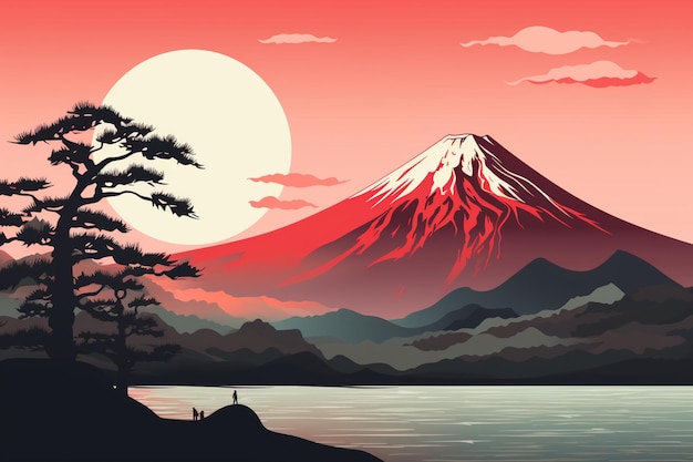 there is a mountain with a red sky and a lake generative ai