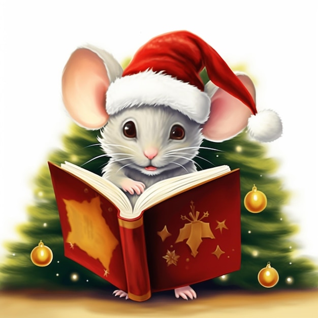 There is a mouse reading a book in front of a christmas tree generative ai