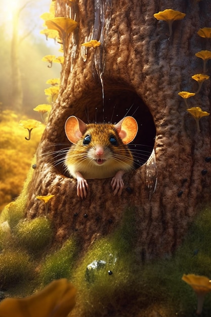 there is a mouse that is looking out of a hole in a tree generative ai