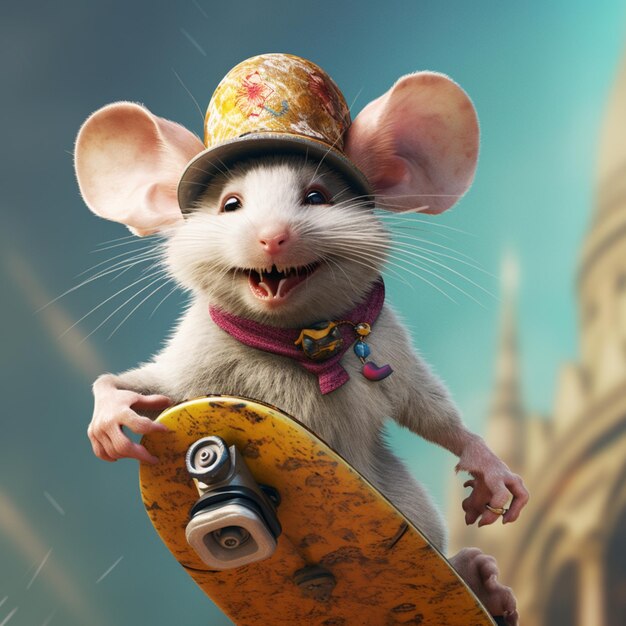 Foto c'è un topo che sta guidando uno skateboard con un cappello su generativo ai