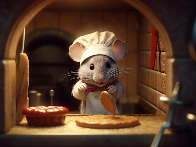 There is a mouse that is standing in a kitchen with a pizza generative ai
