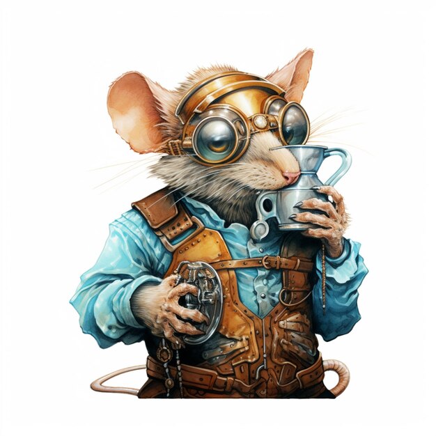 There is a mouse with a steam style outfit and a cup of coffee generative ai