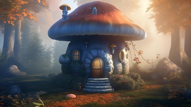 There is a mushroom house in the middle of a forest generative ai