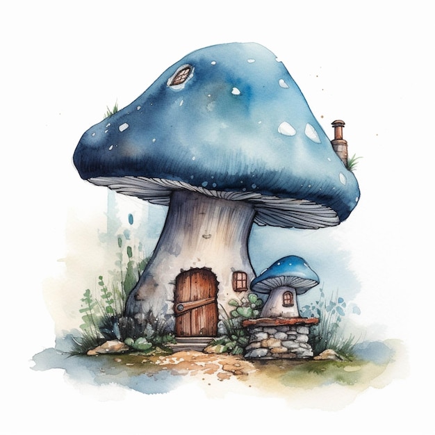 문과 굴뚝 생성 AI가 있는 버섯 집이 있습니다.