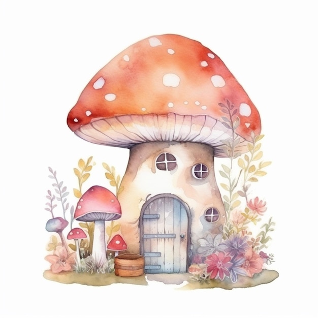 There is a mushroom house with a door and a door on the ground generative ai