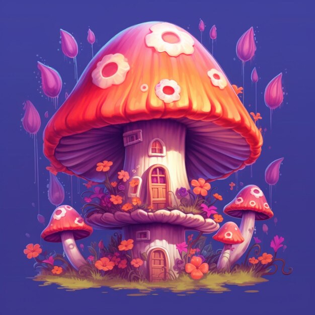 There is a mushroom house with a door and a window generative ai