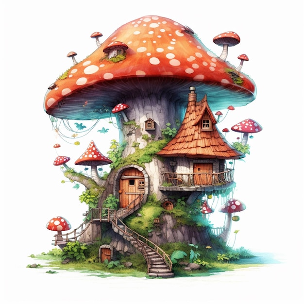 There is a mushroom house with a staircase leading to it generative ai