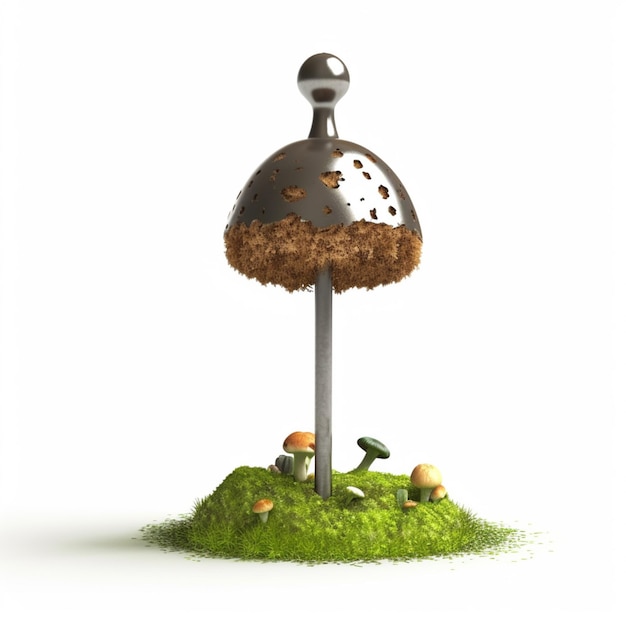 There is a mushroom shaped object on a small patch of grass generative ai