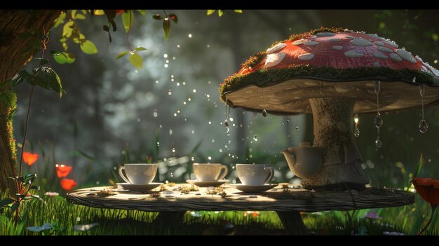 there is a mushroom table with two cups of coffee on it generative ai