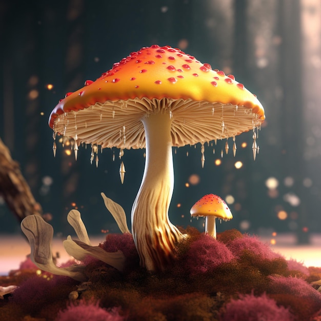 there is a mushroom that is sitting on a mossy hill. generative ai.