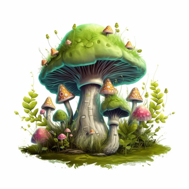 There is a mushroom with many mushrooms on it in the grass generative ai