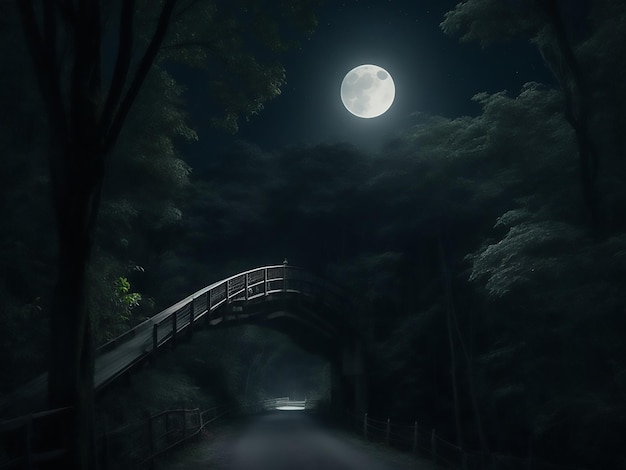 There is a narrow road and a bridge a Pinas forest in the dark black night There is a bright br