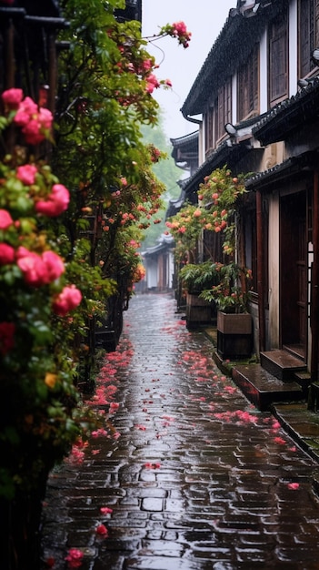 there is a narrow street with flowers on the side of it generative ai