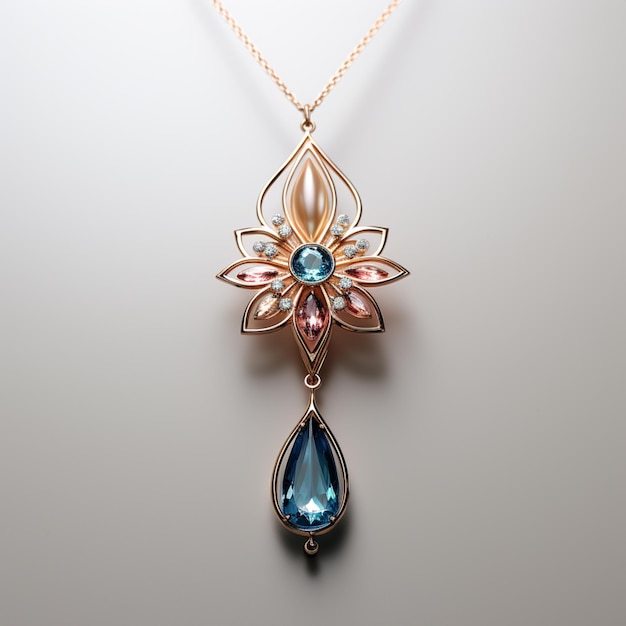 there is a necklace with a flower and a blue stone generative ai