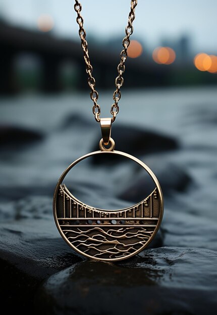 Photo there is a necklace with a picture of a bridge on it generative ai