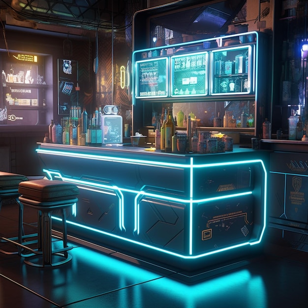 There is a neon lit bar with stools and a counter generative ai