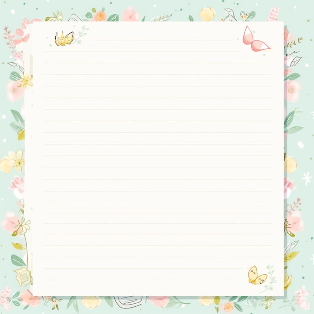 There is a note paper with a butterfly and flowers border generative ai