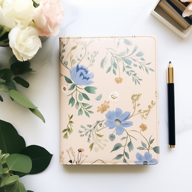 there is a notebook with a pen and a flower on it generative ai