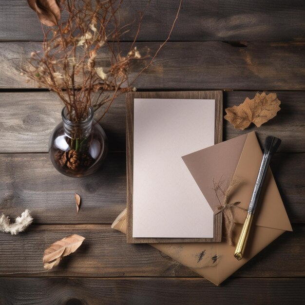 there is a notepad and pen on a table with a vase of dried flowers generative ai